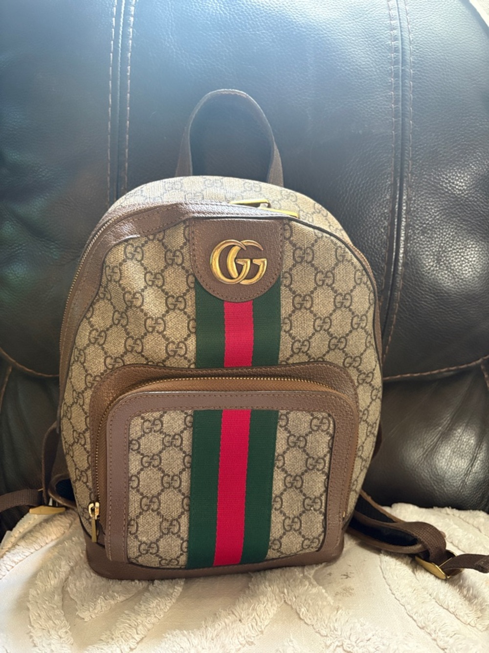 Gucci Brown Beige GG Supreme Mini Backpack with Green & Red Web